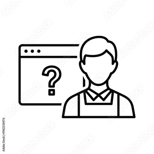 Confused individual looking at a question mark on a computer screen
