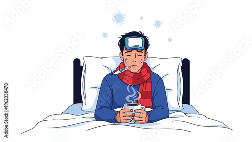 Sick man lies in bed with a thermometer, hot drink, and ice pack, surrounded by virus particles, symbolizing cold, flu, or severe fever.