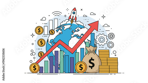Globe surrounded by rising bar graphs, stacks of coins, and a launching rocket, symbolizing robust global economic growth and startup success.