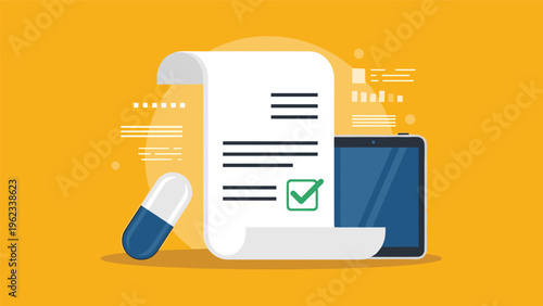 Prescription medicine pill is displayed next to an approved medical document and a digital tablet for e-health and pharmacy services.