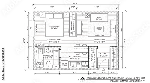 Detailed architectural blueprint or floor plan for construction or renovation projects with measurements