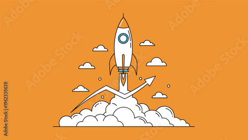 Rocket ship launches into the sky following a rising arrow graph to represent business startup success and rapid financial growth.