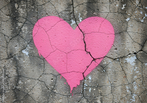 Cracked concrete surface with a large pink heart painted on it outdoors