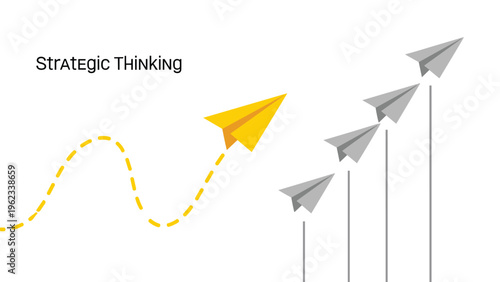Yellow paper plane breaks away from the group to follow its own path under the text strategic thinking for innovation and success.
