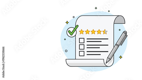 Customer feedback survey shows a document with a five-star rating and a checkmark next to a pen for service quality evaluation.