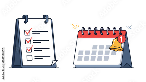 Task management concept features a standing checklist with checkmarks next to a desk calendar with a notification bell for deadlines.