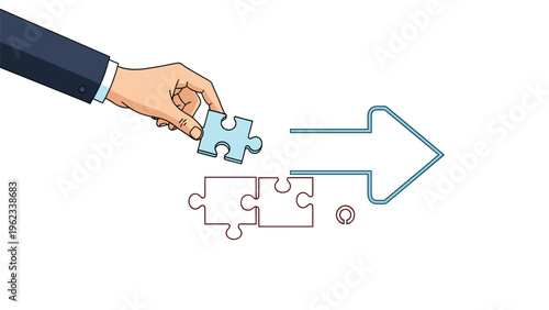 Successful businessman hand completing an arrow shape with a final jigsaw puzzle piece symbolizing progress and strategy.