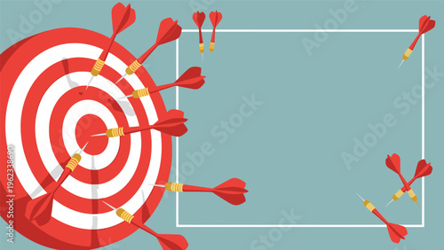 Multiple red darts hitting a bulls-eye target on a blue background with a white frame for text placement and copy space.