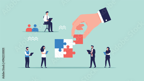 Giant business hand placing the last red puzzle piece into a larger square while small people watch and work around it.