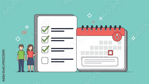 Couple planning their wedding using a large checklist and a calendar with a ring icon for the special date reminder.