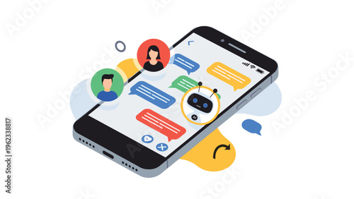 Mobile smartphone displaying a chat interface with user avatars and an artificial intelligence robot assistant icon.
