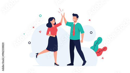 Enthusiastic man and woman give each other a joyous high five, symbolizing shared success, effective teamwork, and positive celebration.
