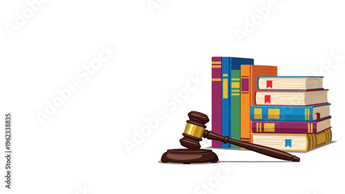 Wooden judge gavel lying on a table in front of colorful stacks of legal law books against a white background.