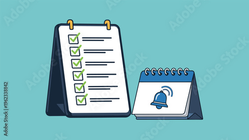 Standing clipboard with a green-checked list next to a small desktop calendar featuring a blue ringing bell alert.