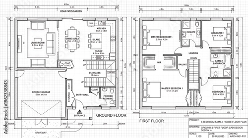 Blurry architectural blueprint of two-story building floor plans with detailed measurements and labels
