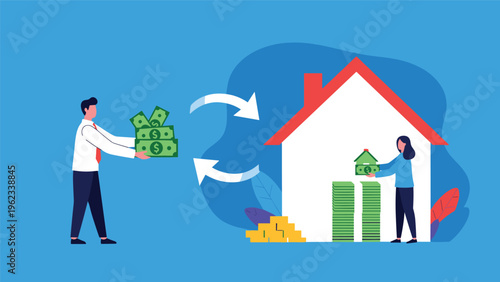 Real estate transaction concept showing a man giving money and a woman giving a house with exchange arrows between.