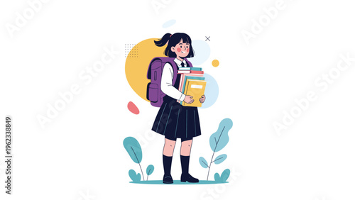 Cheerful little girl in a crisp school uniform carries a backpack and a stack of books, symbolizing dedication to education and the back-to-school period.