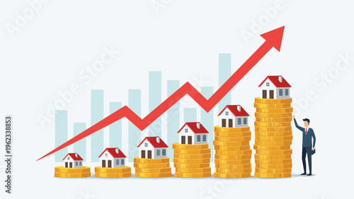Real estate market growth showing increasing stacks of coins with houses on top and a rising red arrow with a graph.