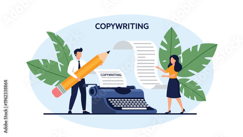 Man holds a giant pencil while a woman displays a scrolling document next to a vintage typewriter, with "COPYWRITING" text, symbolizing creative content.
