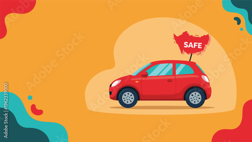 Modern small red car with a safe flag on its roof against a bright orange background with colorful abstract shapes.