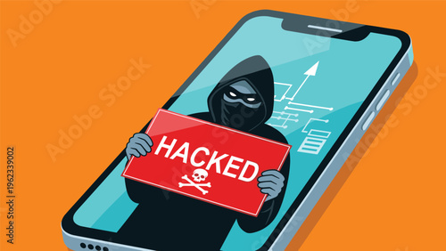 Anonymous hooded cyber hacker emerging from a smartphone screen holding a red hacked warning sign with a skull icon.