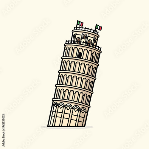 A cartoon illustration of a leaning tower, with Italian flags atop. It has rounded arches and rectangular windows and is made with thick black outlines