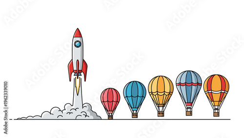 Large rocket launching with fire and smoke next to several colorful hot air balloons in a line on a white background.