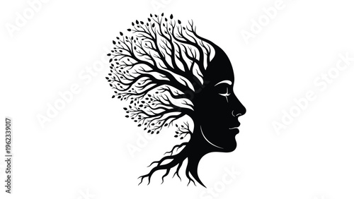 Creative silhouette of a woman's face intertwined with tree roots and branches, symbolizing nature, growth, inner strength, and environmental connection.