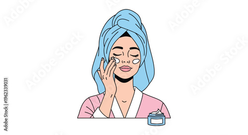 Woman applying cream on face in cartoon style with blue hair and pink robe in soft natural lighting for skincare advertising