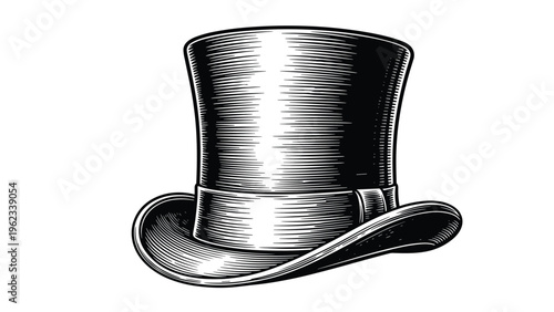 Elegant vintage top hat with a ribbon, rendered in a detailed woodcut style, evoking classic fashion and traditional formal wear.