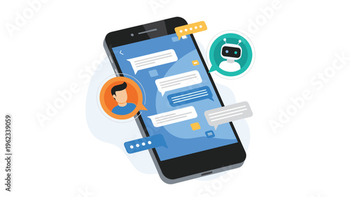 Customer support chatbot assistant on a smartphone screen showing conversation bubbles between a person and an artificial intelligence robot.