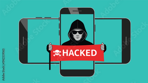 Cyber security breach concept showing a hooded hacker holding a hacked sign across three connected smartphones on a blue background.