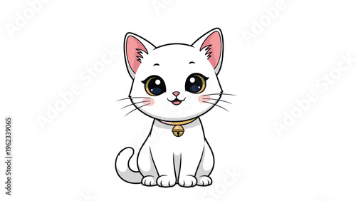Adorable white cartoon kitten with big eyes and a bell collar, sitting sweetly and looking forward, perfect for children's designs.