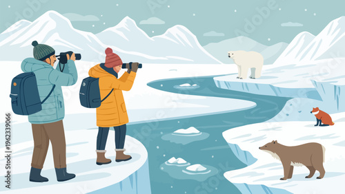 Tourists photographing arctic wildlife on icy riverbank with polar bear and cubs in snowy mountain landscape