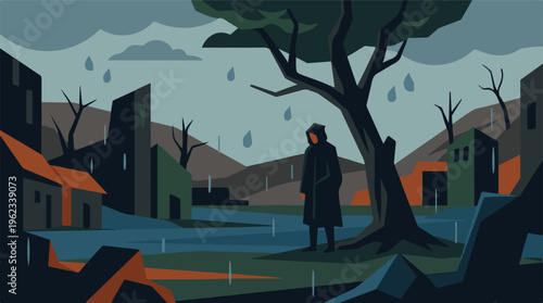 Hooded figure in a desolate, rainy landscape with geometric buildings