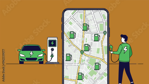 Mobile application map displaying electric vehicle charging station locations in a city with a car and person charging at a terminal.