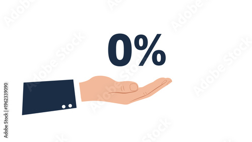 Hand of a businessman in a suit holding a zero percent symbol representing interest free loans and promotional discounts for customers.