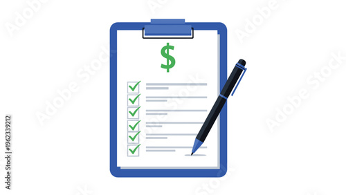 Financial planning checklist on a blue clipboard with green checkmarks and a dollar sign symbol representing budget tracking and money goals.