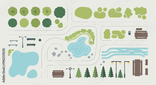 Top View Park Map Elements Set Vector Illustration