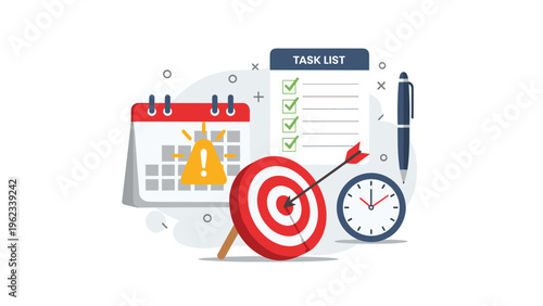 Time management and productivity concept with a calendar, target with an arrow, ticking clock, and a checked task list for business goals.