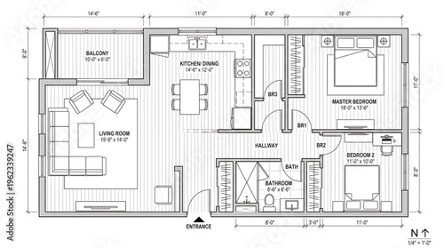 Detailed architectural floor plan with measurements and labels in black and white for construction purposes.