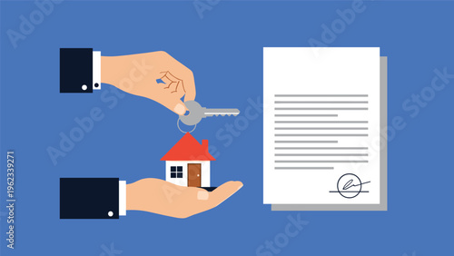Real estate closing and property ownership transfer concept with hands holding house keys and a house model next to a signed contract.
