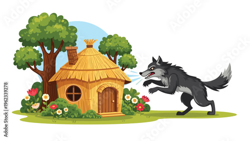 Classic fairy tale scene depicting the Big Bad Wolf attempting to huff and puff and blow down a straw house of the Three Little Pigs.