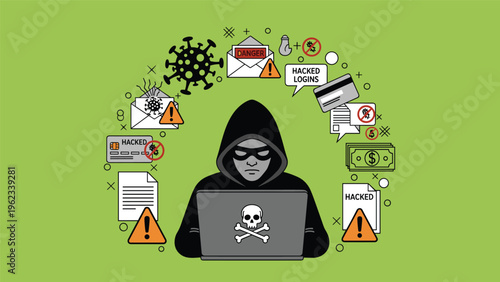 Cyber security and hacking threat concept showing a hooded hacker at a laptop surrounded by malware, virus, and phishing icons.