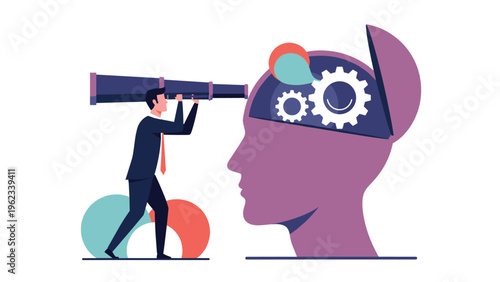 Businessman looking through a telescope at a human head with gears inside, symbolizing foresight, strategic thinking, and intellectual insight.