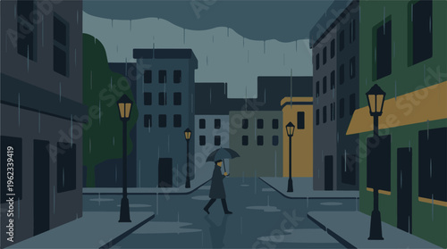 A lone figure walks with an umbrella on a wet city street in the rain