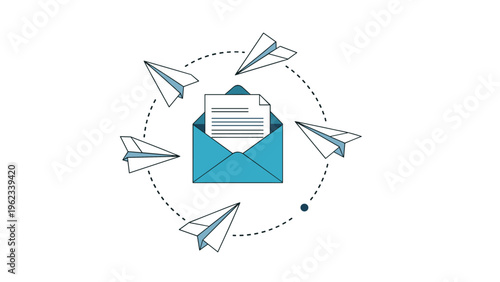 Digital message distribution and email marketing concept showing an open blue envelope with several paper planes flying in a circular motion.