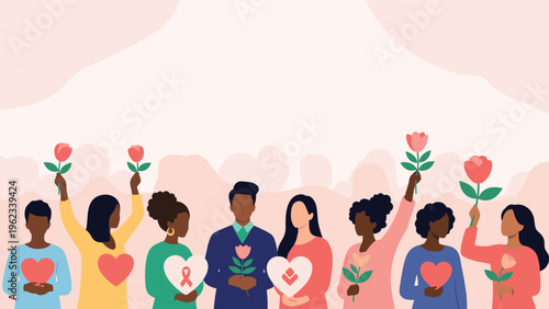 Diverse group of people holding pink roses and heart-shaped signs with symbols, promoting breast cancer awareness and support.