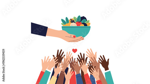 Diverse hands reaching eagerly towards a bowl of fresh, healthy food, symbolizing concepts of charity, hunger relief, and communal support.