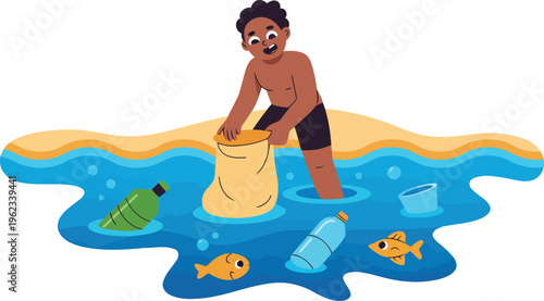 A cartoon boy collects trash in a bag while standing in polluted ocean water with fish and plastic bottles